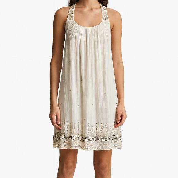 All Saints Women's Beaded Shift Dress White Sleeveless Short Halter Size 10  - mordernwear.com
